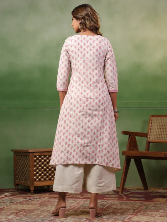 Span White Round Neck Kurta Set