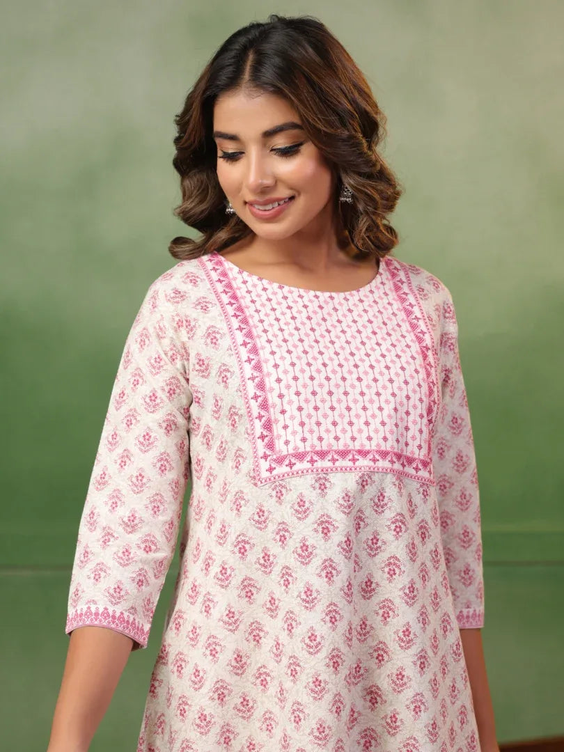 Span White Round Neck Kurta Set