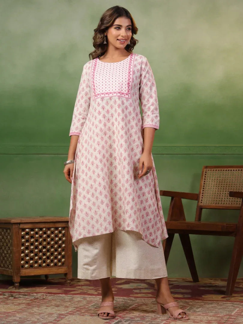 Span White Round Neck Kurta Set