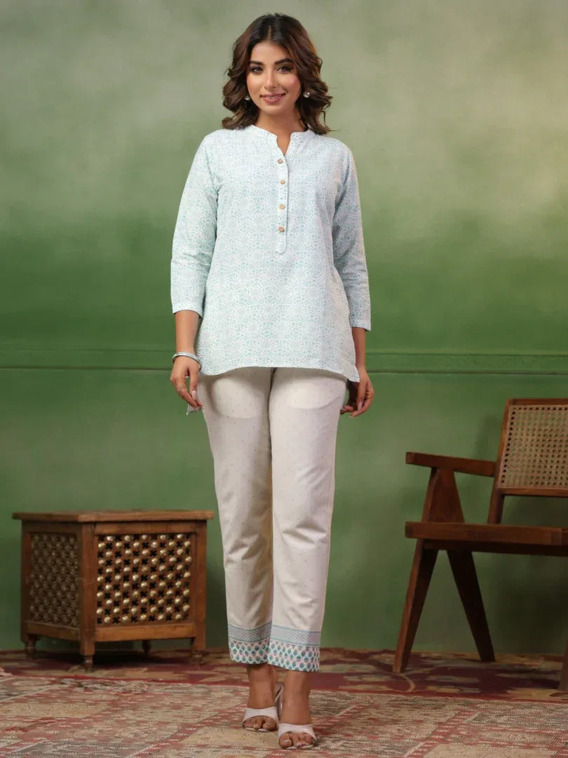Span White Mandarin Collard Neck Co-Ord Set (Set of 2)