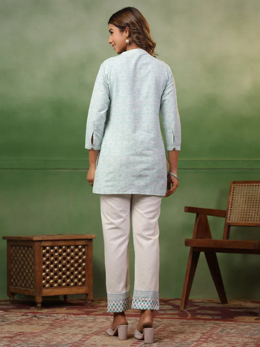 Span White Mandarin Collard Neck Co-Ord Set (Set of 2)