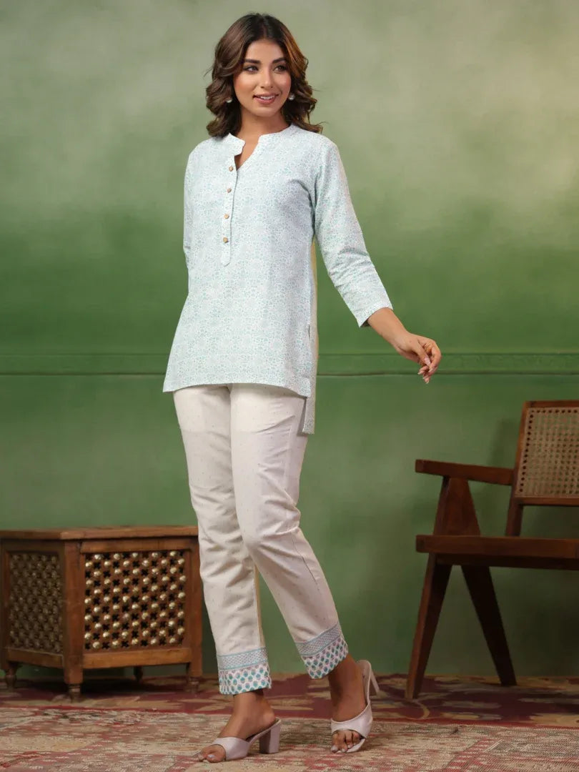 Span White Mandarin Collard Neck Co-Ord Set (Set of 2)