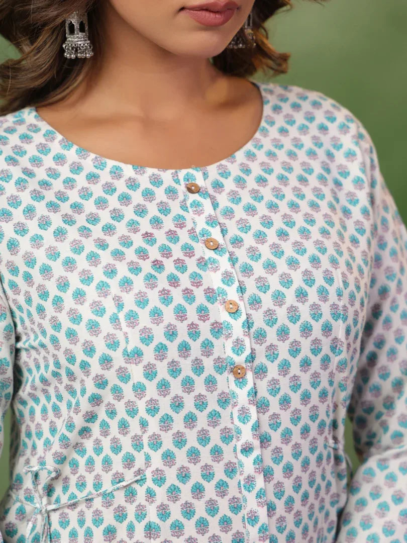 Span White Round Neck Kurta Set