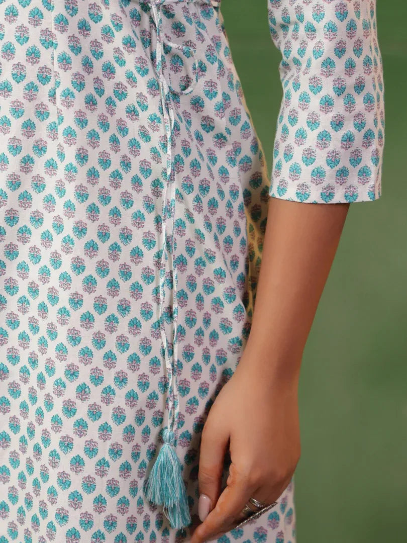 Span White Round Neck Kurta Set
