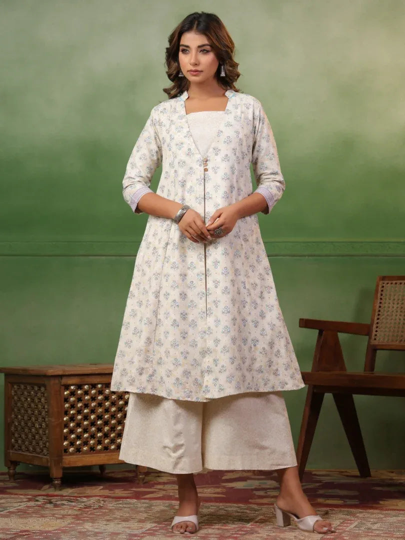 Span White Mandarin Collard Neck Kurta Set