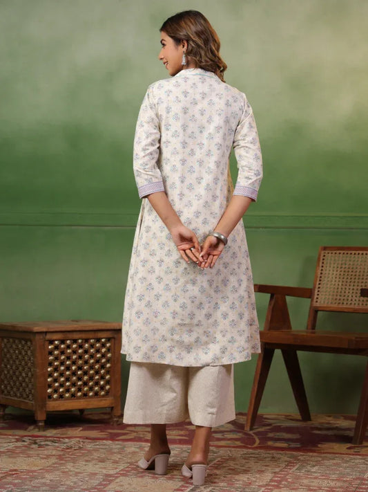 Span White Mandarin Collard Neck Kurta Set