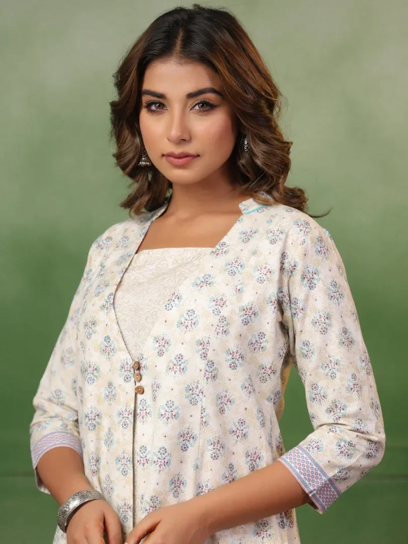 Span White Mandarin Collard Neck Kurta Set