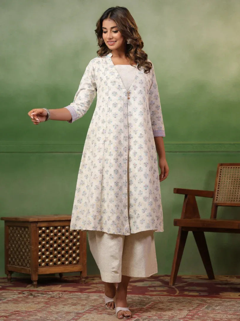 Span White Mandarin Collard Neck Kurta Set