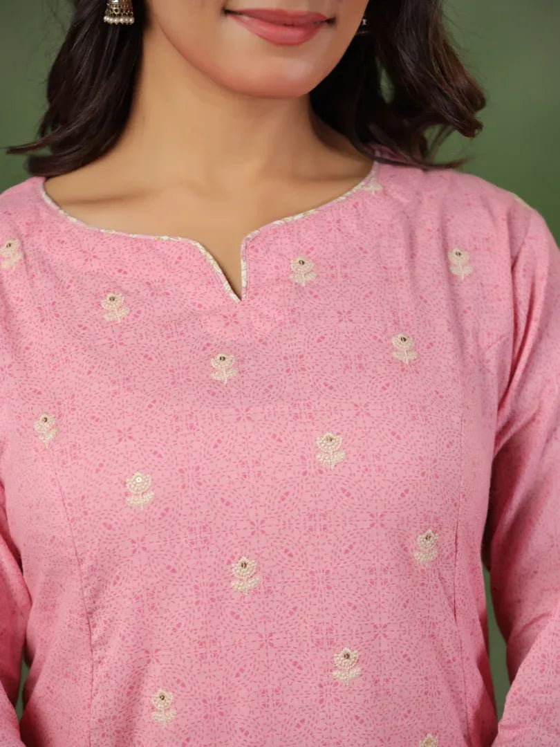Span Pink Round Neck Cotton Kurta