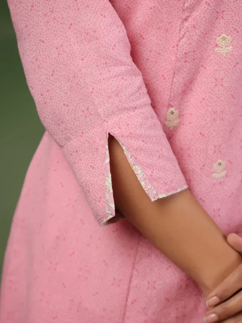 Span Pink Round Neck Cotton Kurta