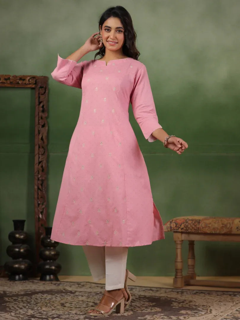 Span Pink Round Neck Cotton Kurta