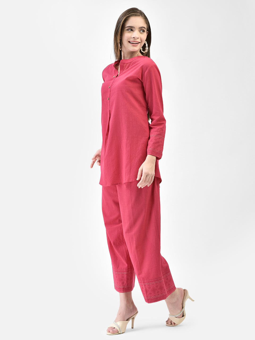 Span Pink Mandarin Cotton Co-Ord Set(Set of 2)
