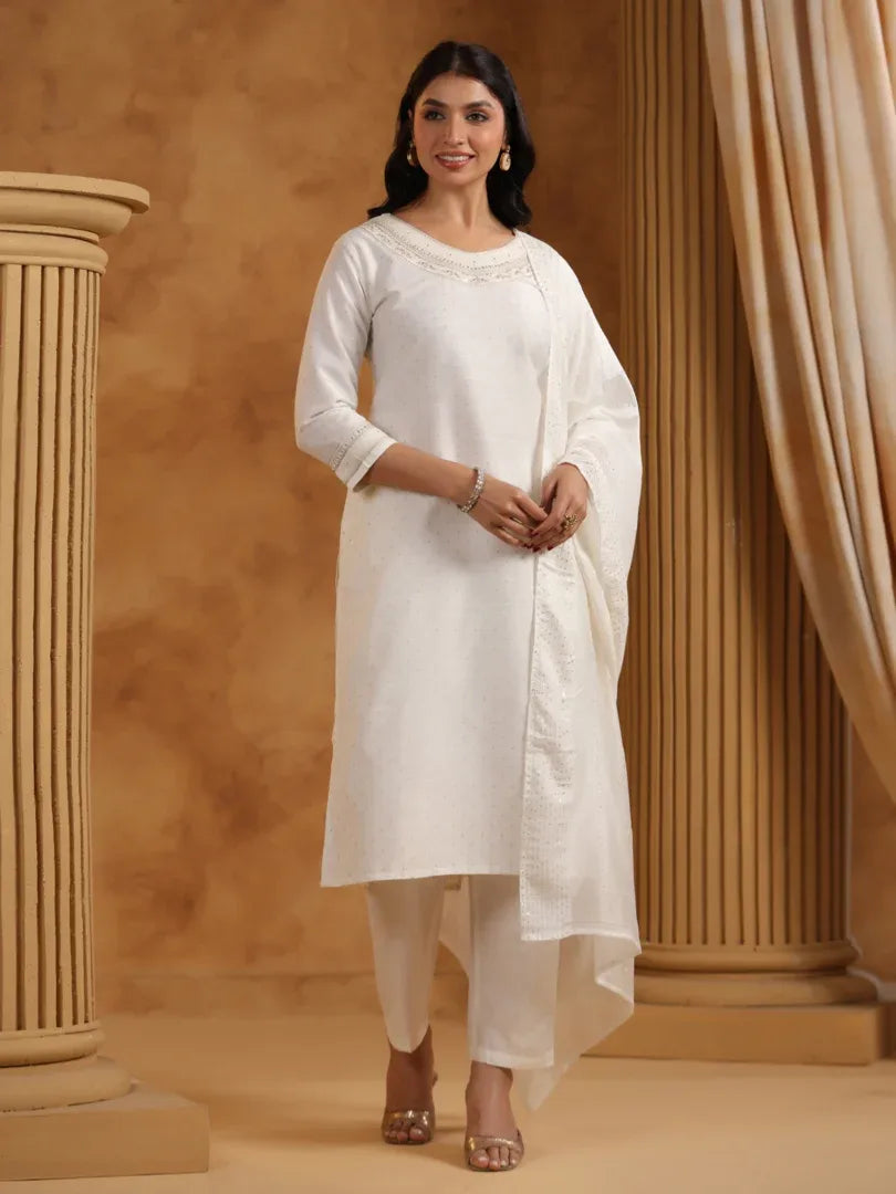 Span White Silk Kurta Set with Dupatta