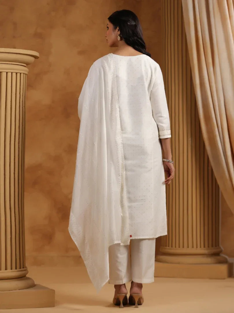Span White Silk Kurta Set with Dupatta