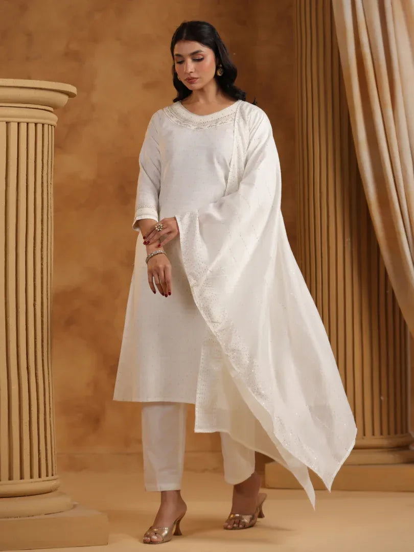Span White Silk Kurta Set with Dupatta