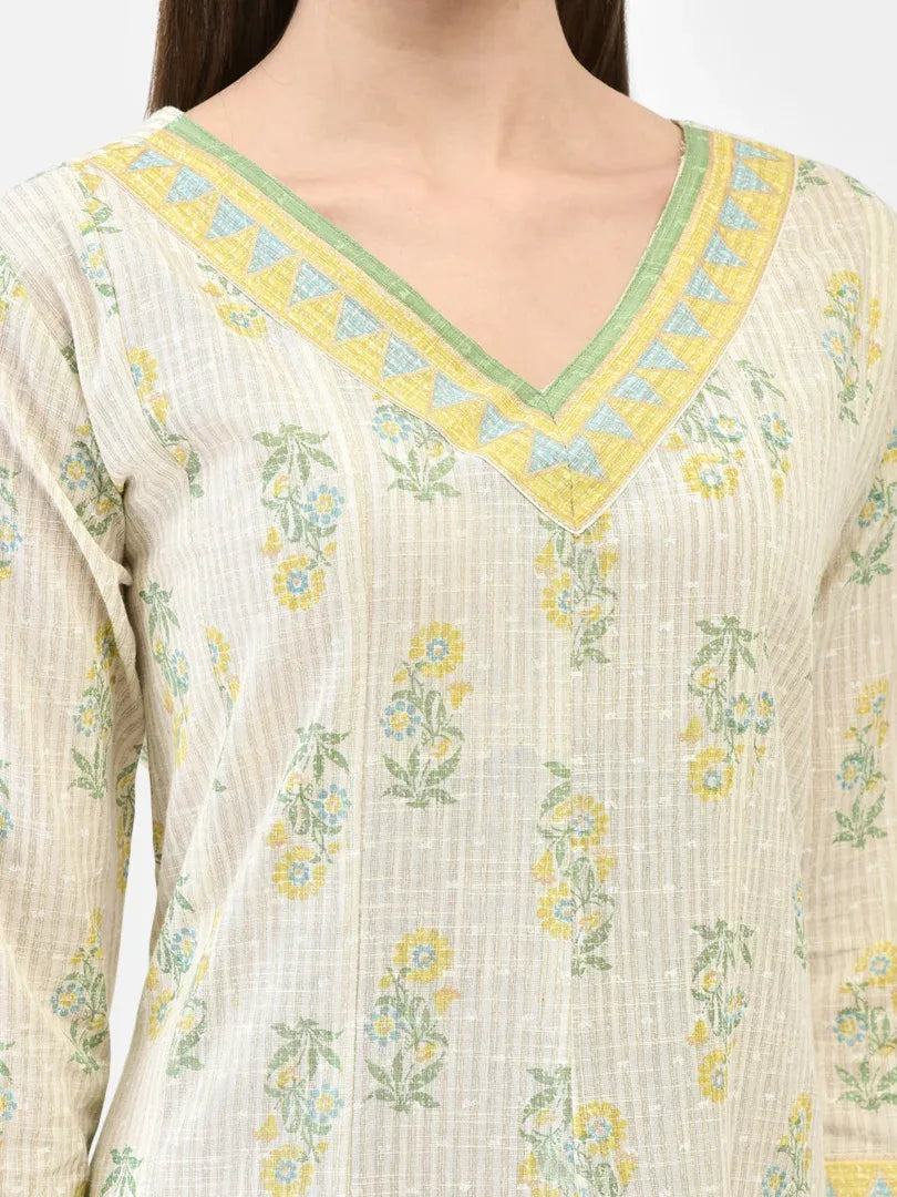 Span Off-White V-Neck Cotton Kurta