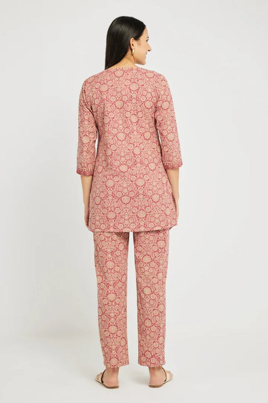 Span Pink V-Neck Cotton Kurta Set