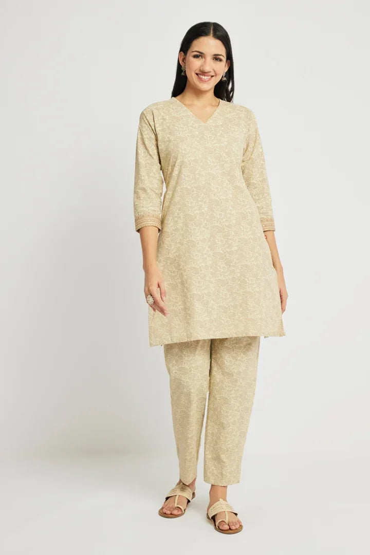 Span Beige V-Neck Cotton Kurta Set
