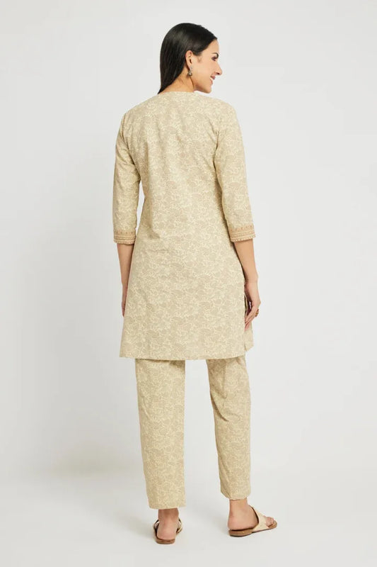 Span Beige V-Neck Cotton Kurta Set