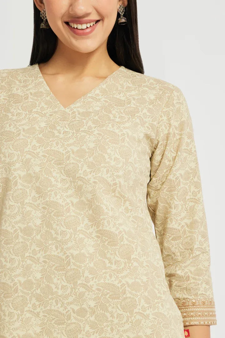 Span Beige V-Neck Cotton Kurta Set