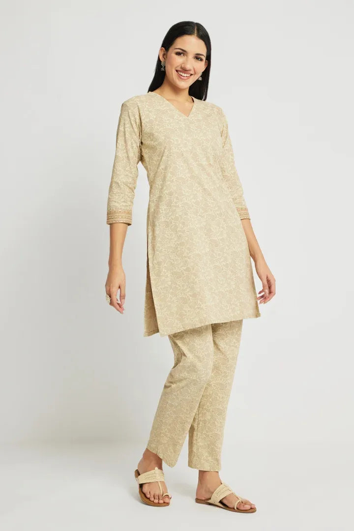 Span Beige V-Neck Cotton Kurta Set