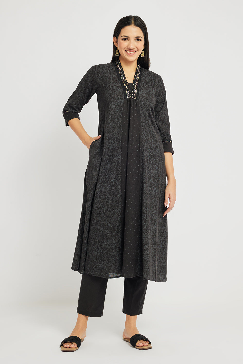 Span Black Deep V Casual A-line Kurta