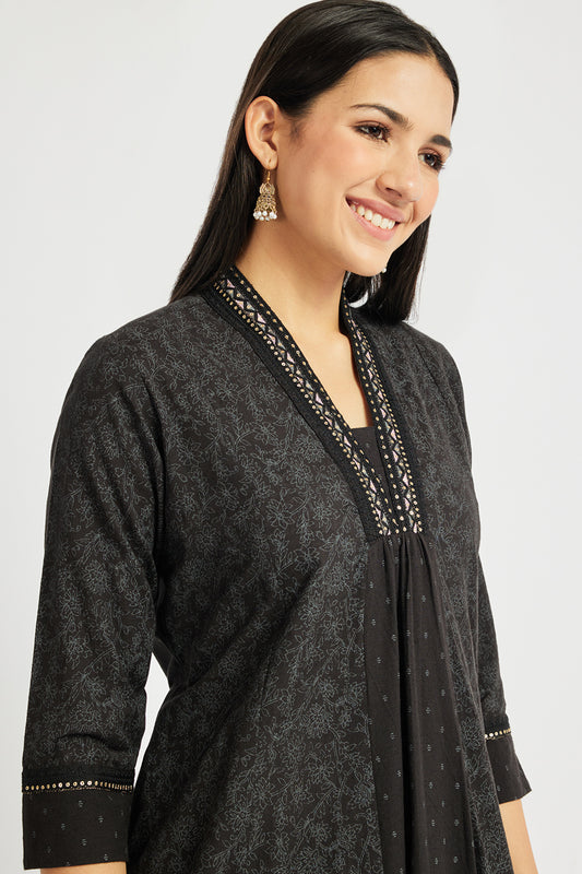 Span Black Deep V Casual A-line Kurta