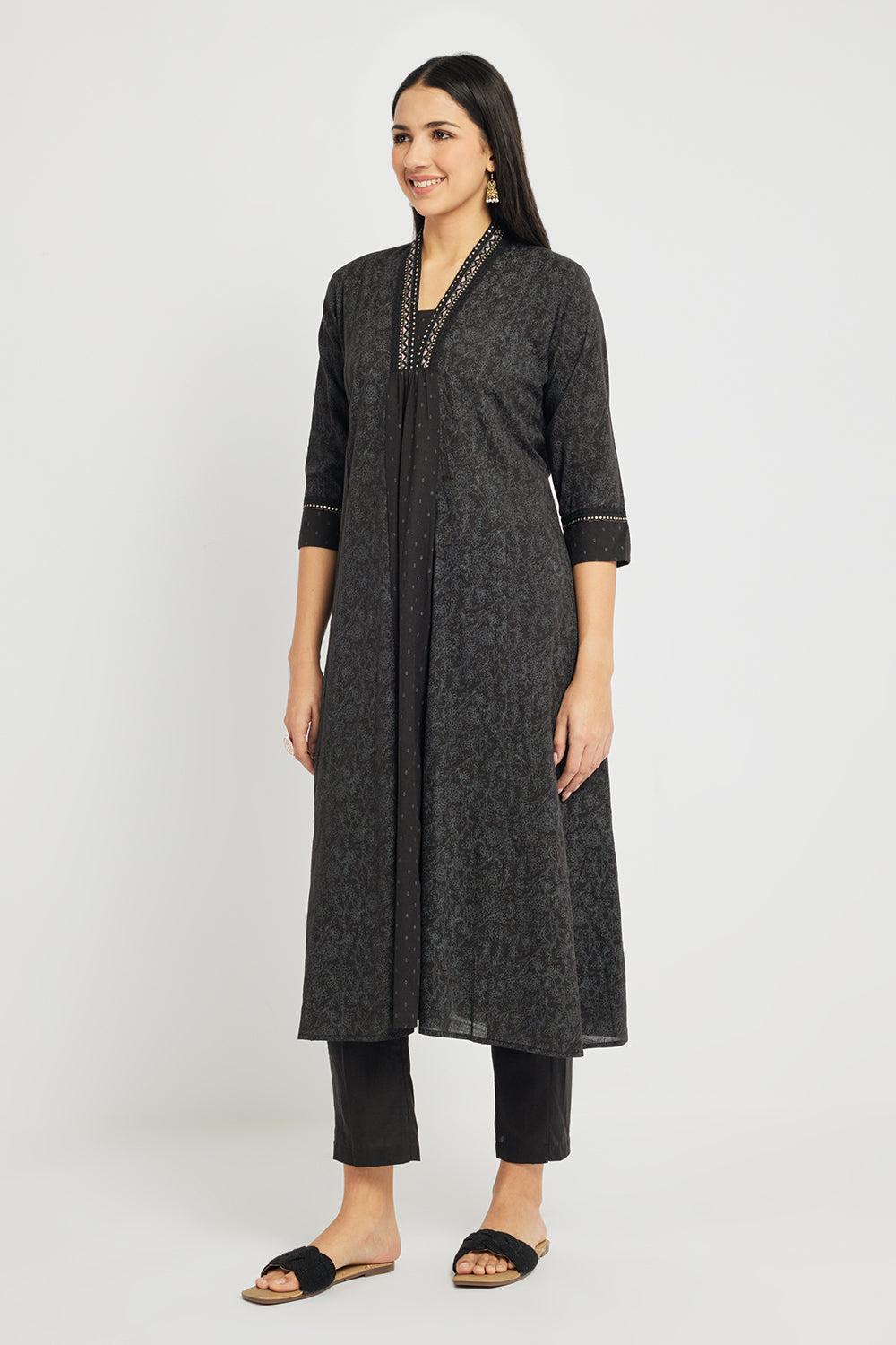 Span Black Deep V Casual A-line Kurta