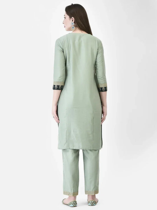 Span Green V-Neck Silk Festive Kurta
