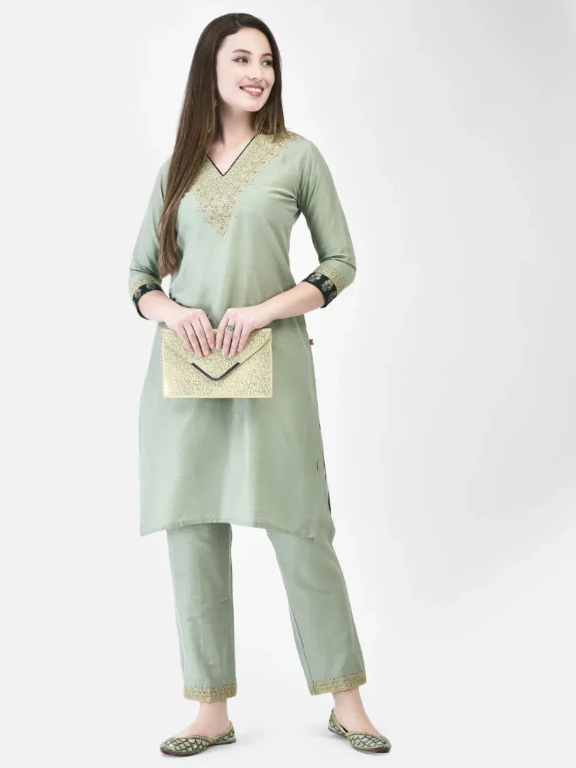 Span Green V-Neck Silk Festive Kurta
