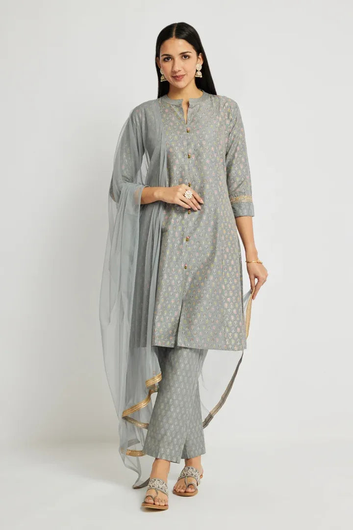 Span Grey Mandarin Silk Kurta Set