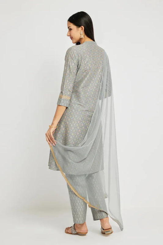Span Grey Mandarin Silk Kurta Set