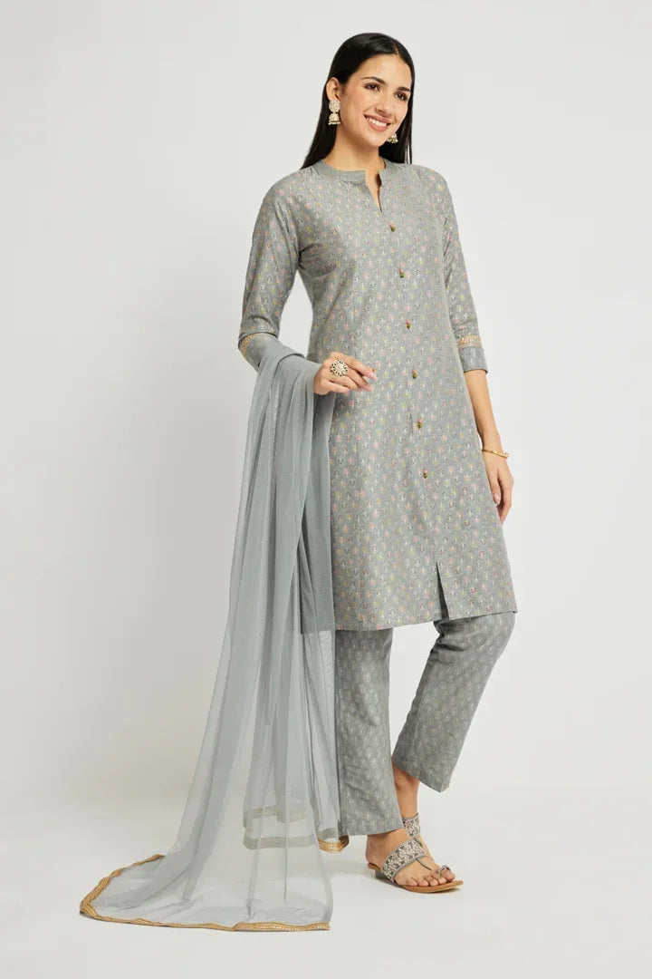 Span Grey Mandarin Silk Kurta Set
