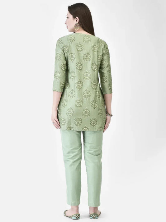 Span Green V-Neck Viscose Short Kurta