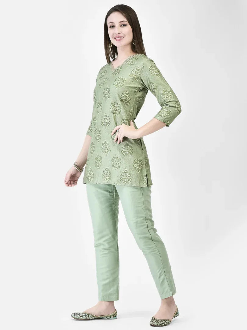 Span Green V-Neck Viscose Short Kurta