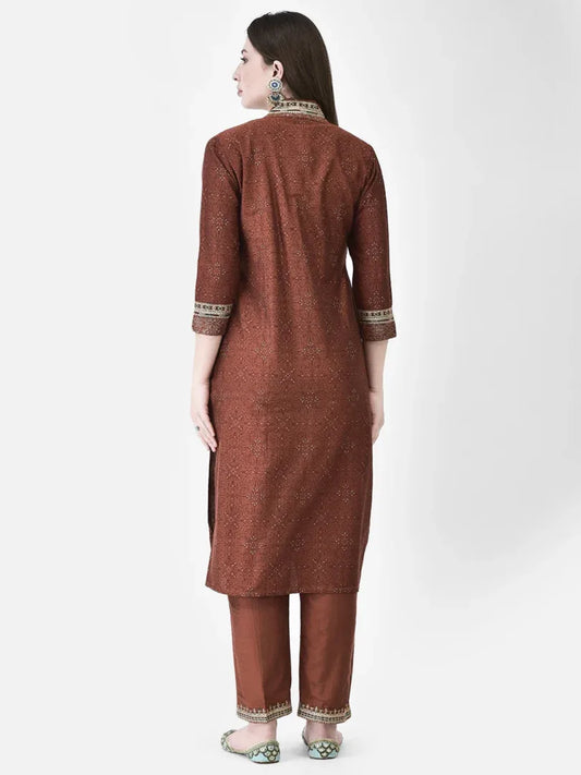 Span Maroon V-Neck Silk Kurta