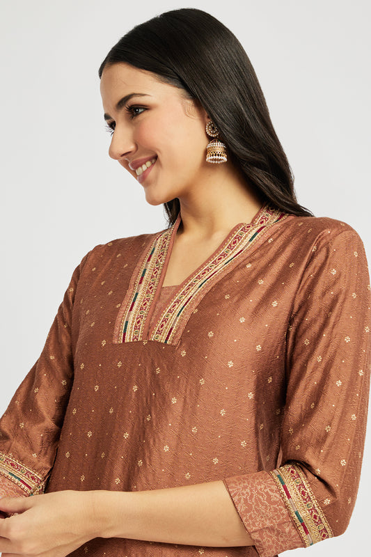 Span Brown Deep V Silk Festive Kurta
