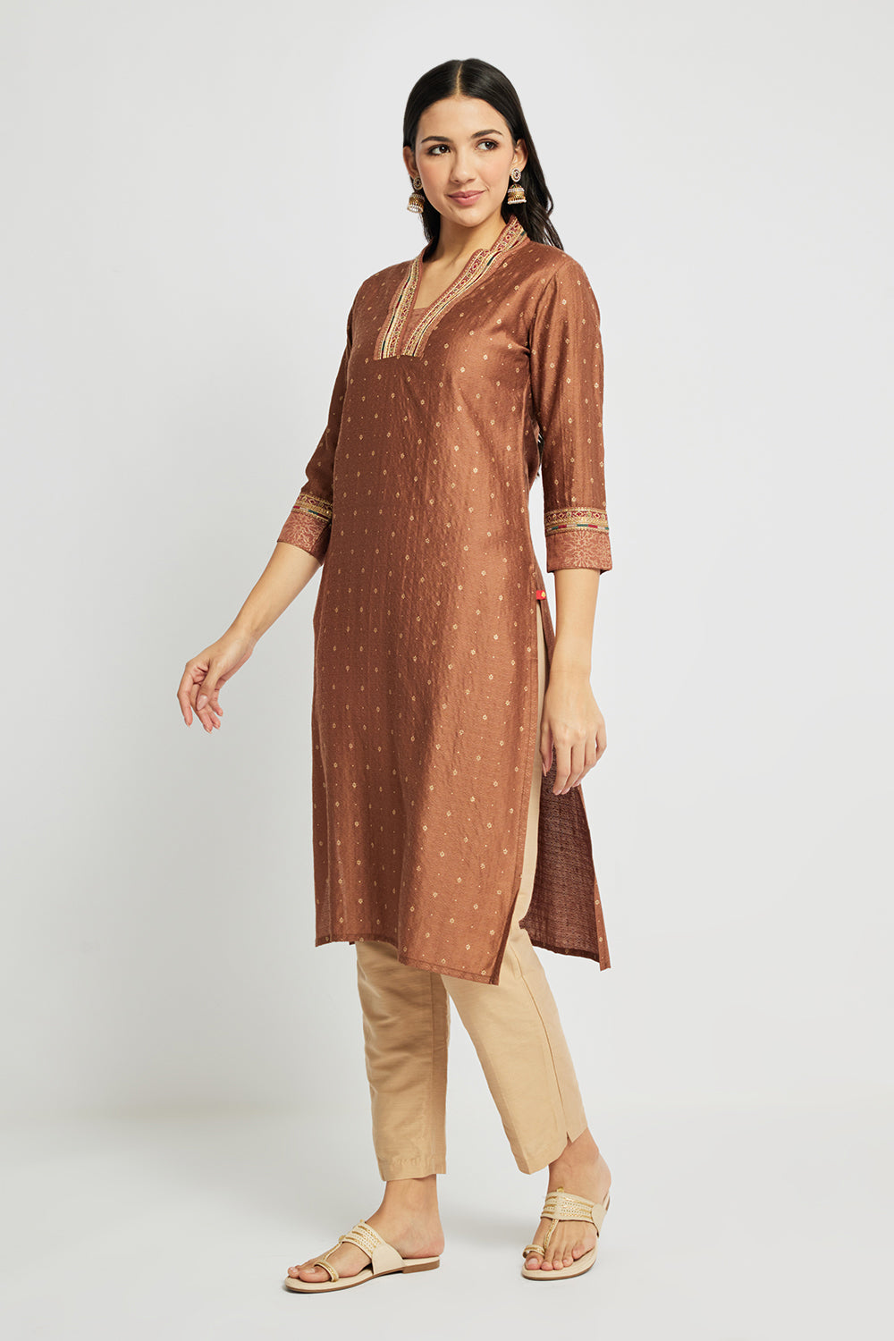 Span Brown Deep V Silk Festive Kurta