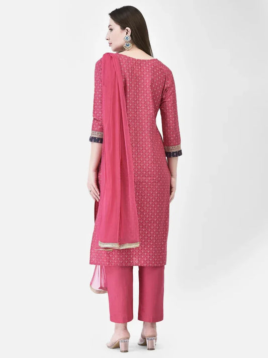 Span Pink V-Neck Silk Festive Kurta
