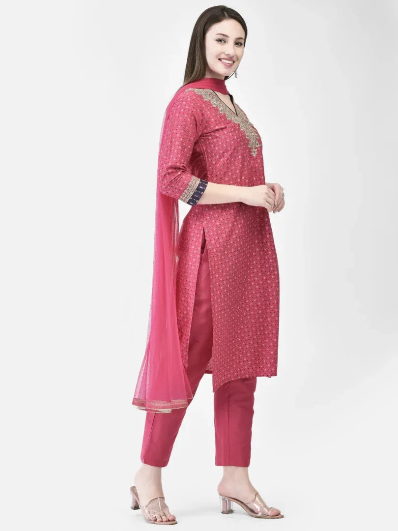 Span Pink V-Neck Silk Festive Kurta