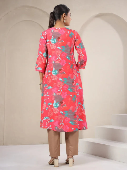 Span Pink Round Neck Polyster Kurta