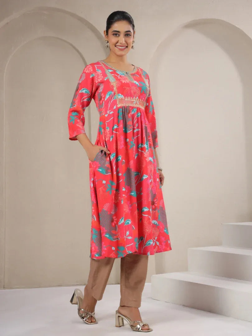 Span Pink Round Neck Polyster Kurta