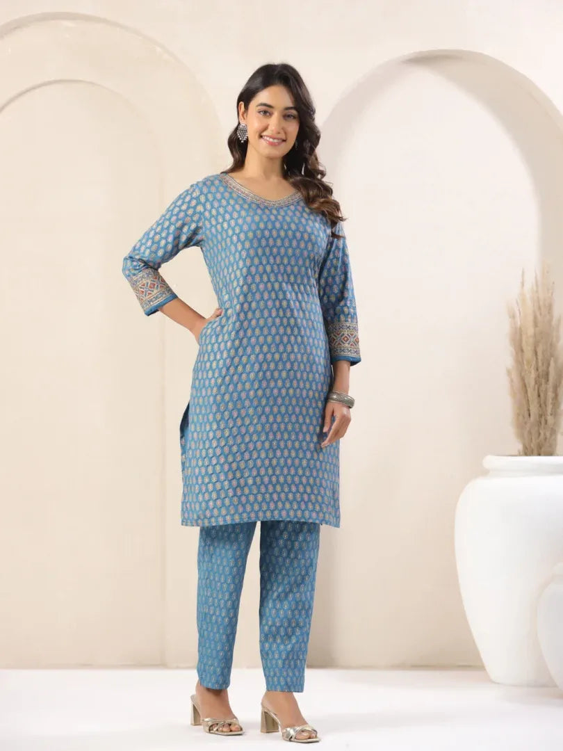 Span Blue V-Neck Polyster Kurta Set