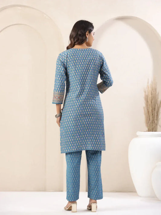 Span Blue V-Neck Polyster Kurta Set