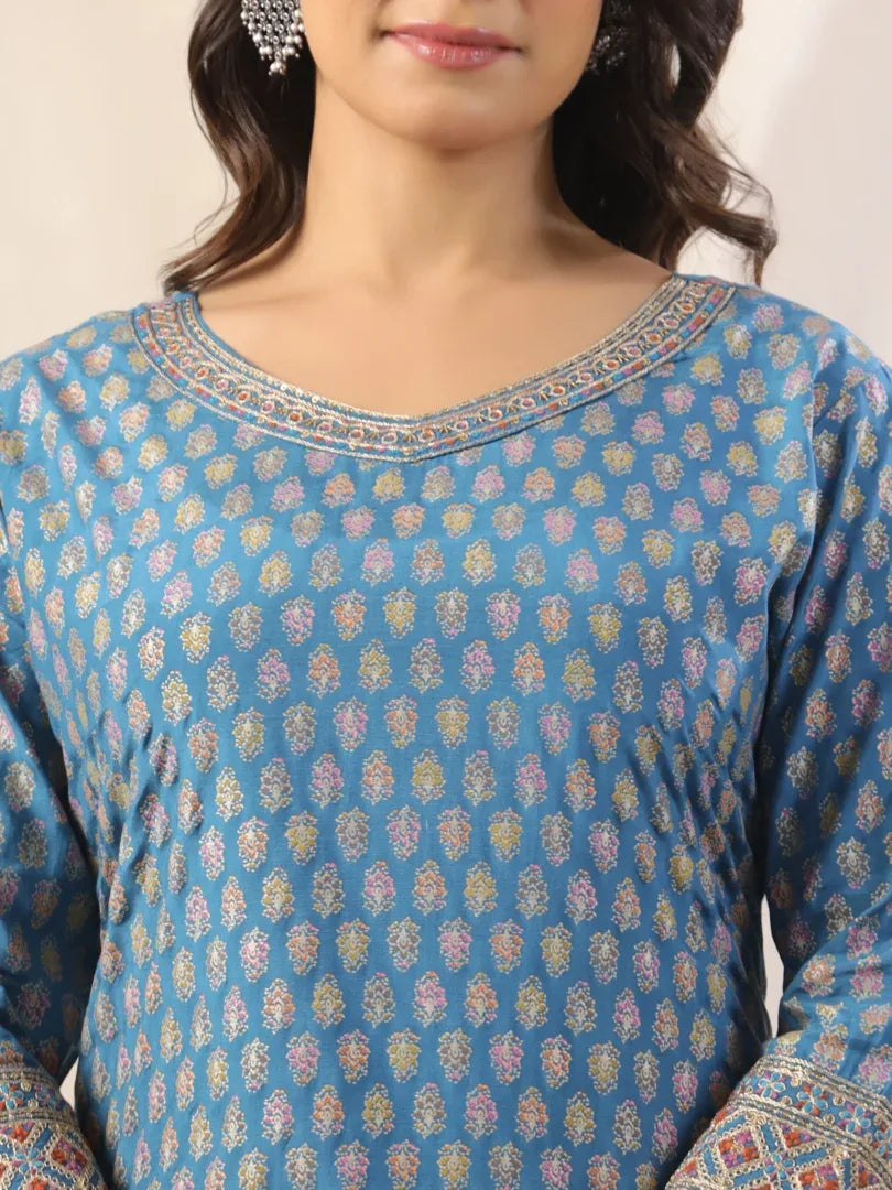 Span Blue V-Neck Polyster Kurta Set