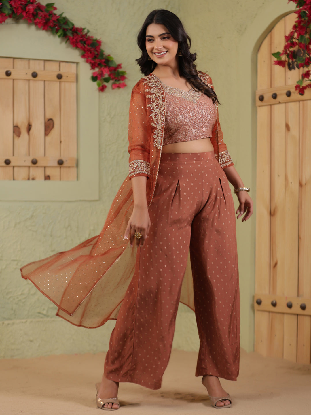 Span Brown Round Neck Rayon 3PCS Set