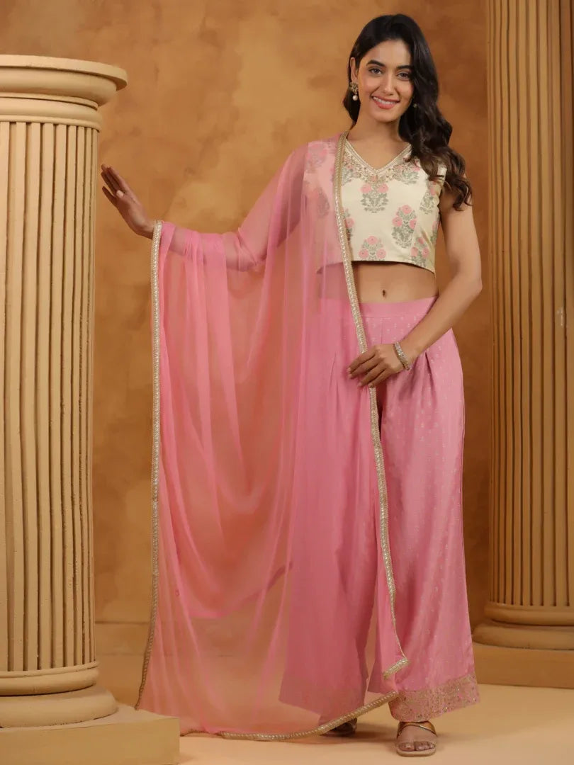 Span White Printed Crop-Top 3PCS Set