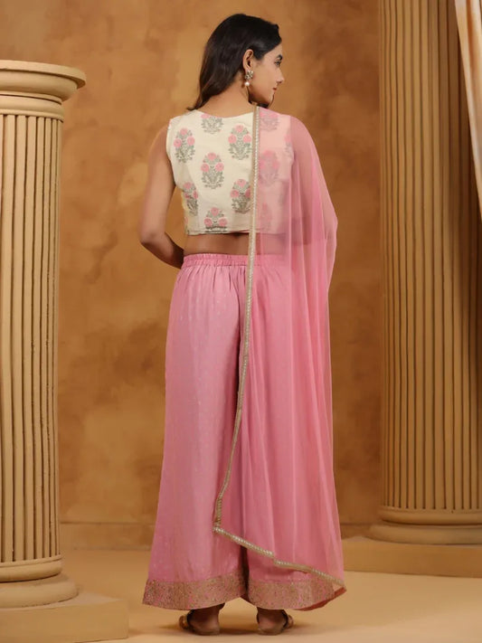 Span White Printed Crop-Top 3PCS Set