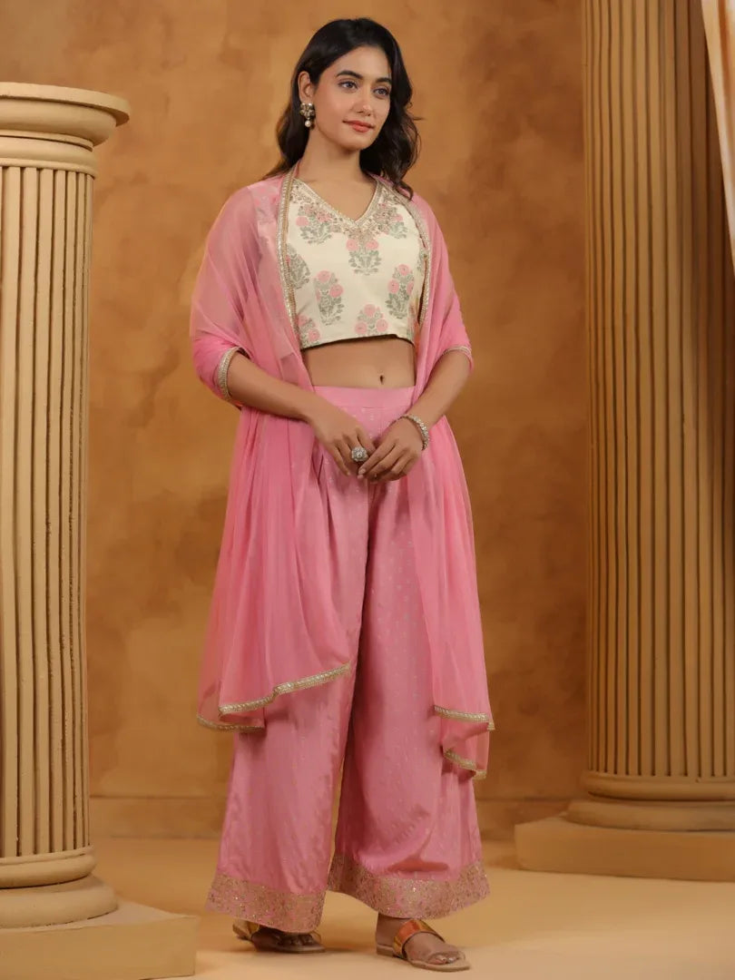 Span White Printed Crop-Top 3PCS Set