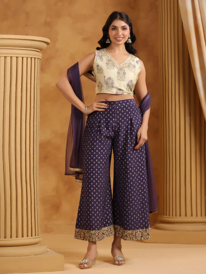 Span White Printed Crop-Top 3PCS Set